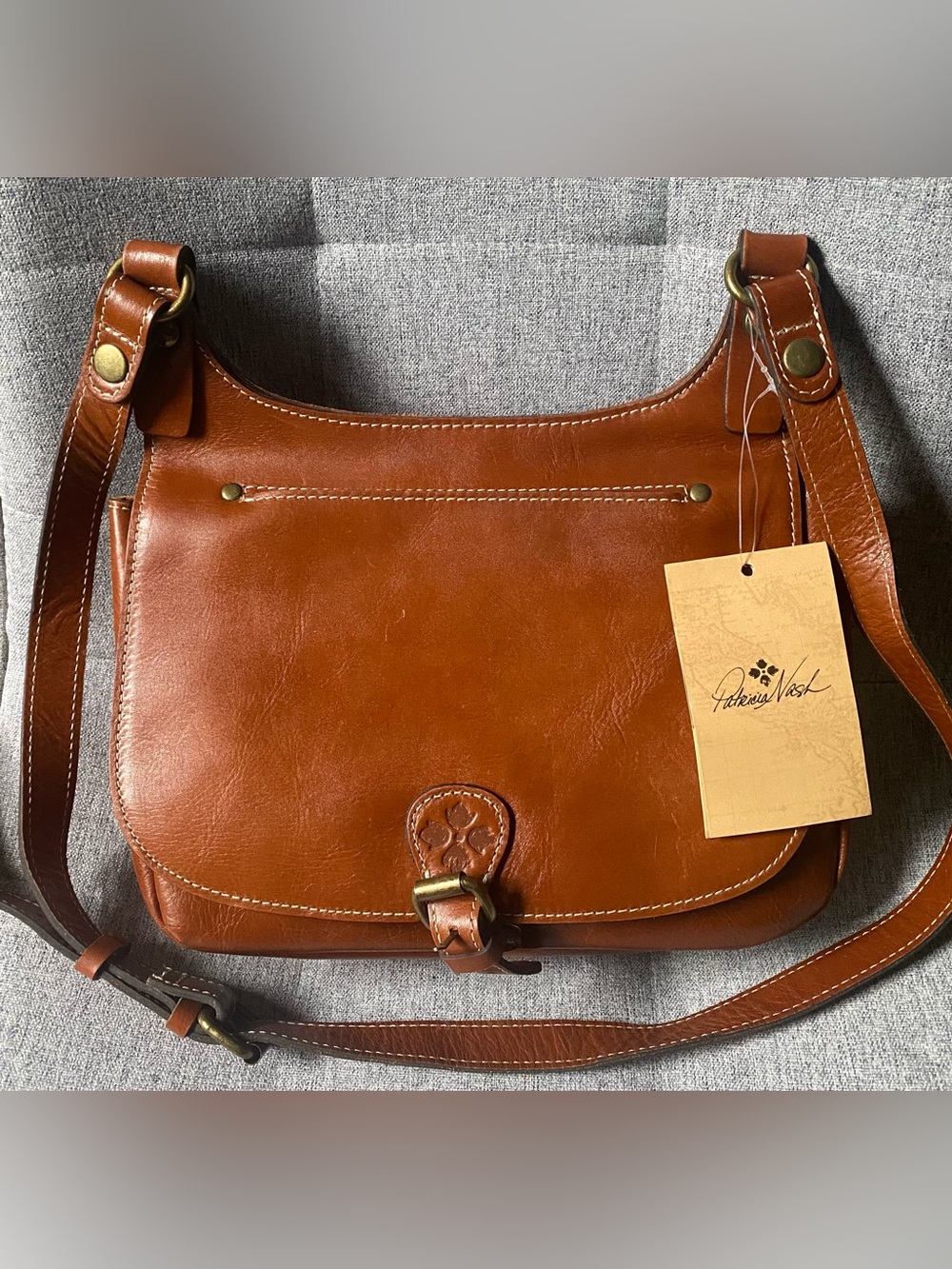 Patricia Nash Tan Luxury Designer Boho London Full-Grain Leather Saddle Bag - Picture 1 of 15